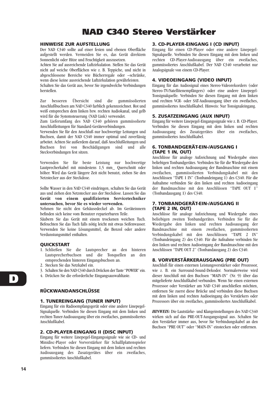 Nad c340 stereo verstärker | NAD C340 User Manual | Page 14 / 36