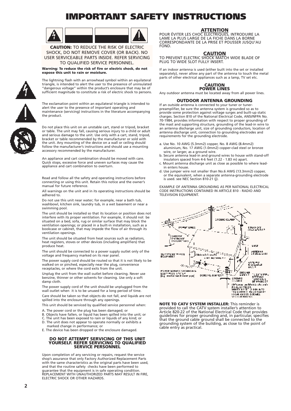 Important safety instructions, Attention, Caution | NAD C340 User Manual | Page 2 / 36