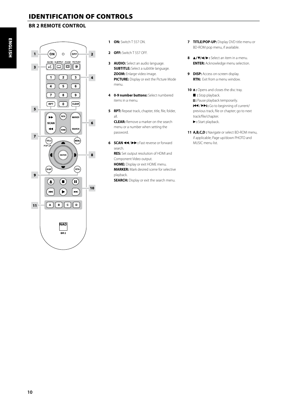 Identification of controls | NAD Blu-ray Disc Player T557 User Manual | Page 10 / 28
