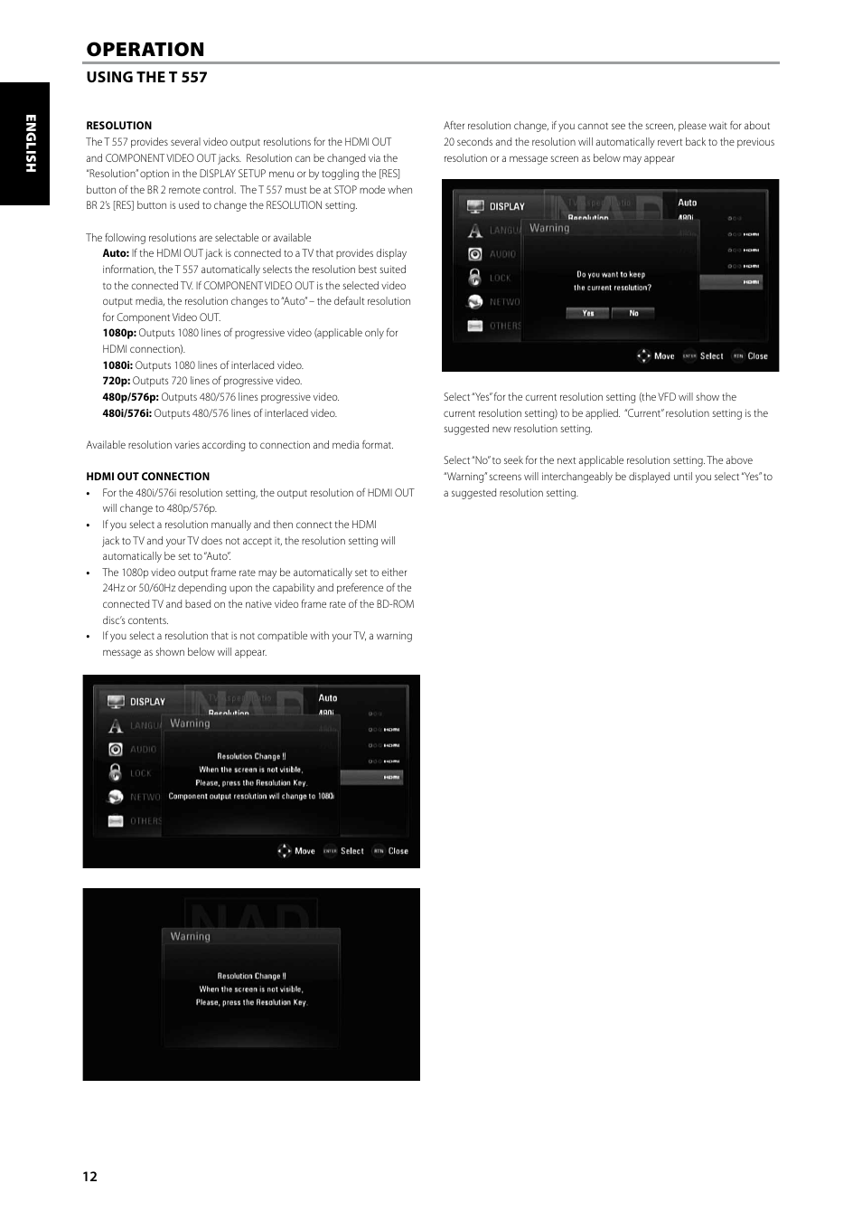 Operation | NAD Blu-ray Disc Player T557 User Manual | Page 12 / 28