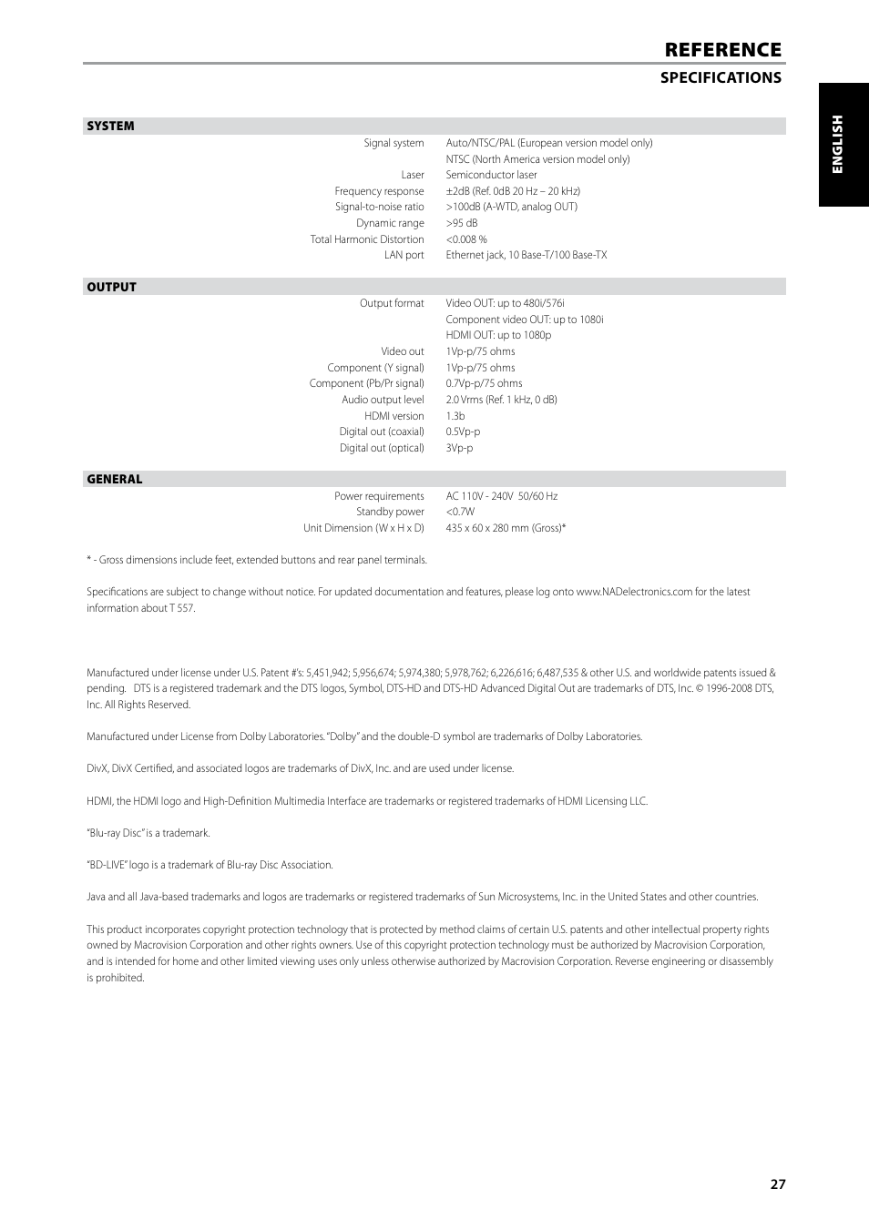 Reference, Specifications | NAD Blu-ray Disc Player T557 User Manual | Page 27 / 28