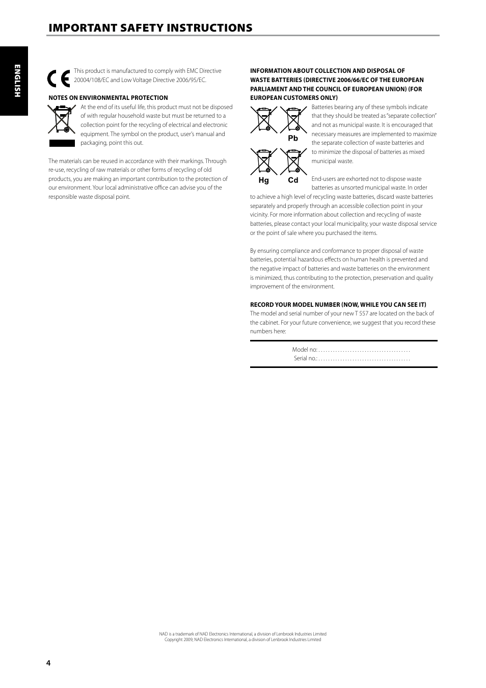 Important safety instructions | NAD Blu-ray Disc Player T557 User Manual | Page 4 / 28
