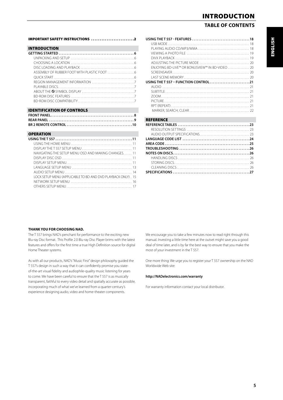 Introduction | NAD Blu-ray Disc Player T557 User Manual | Page 5 / 28