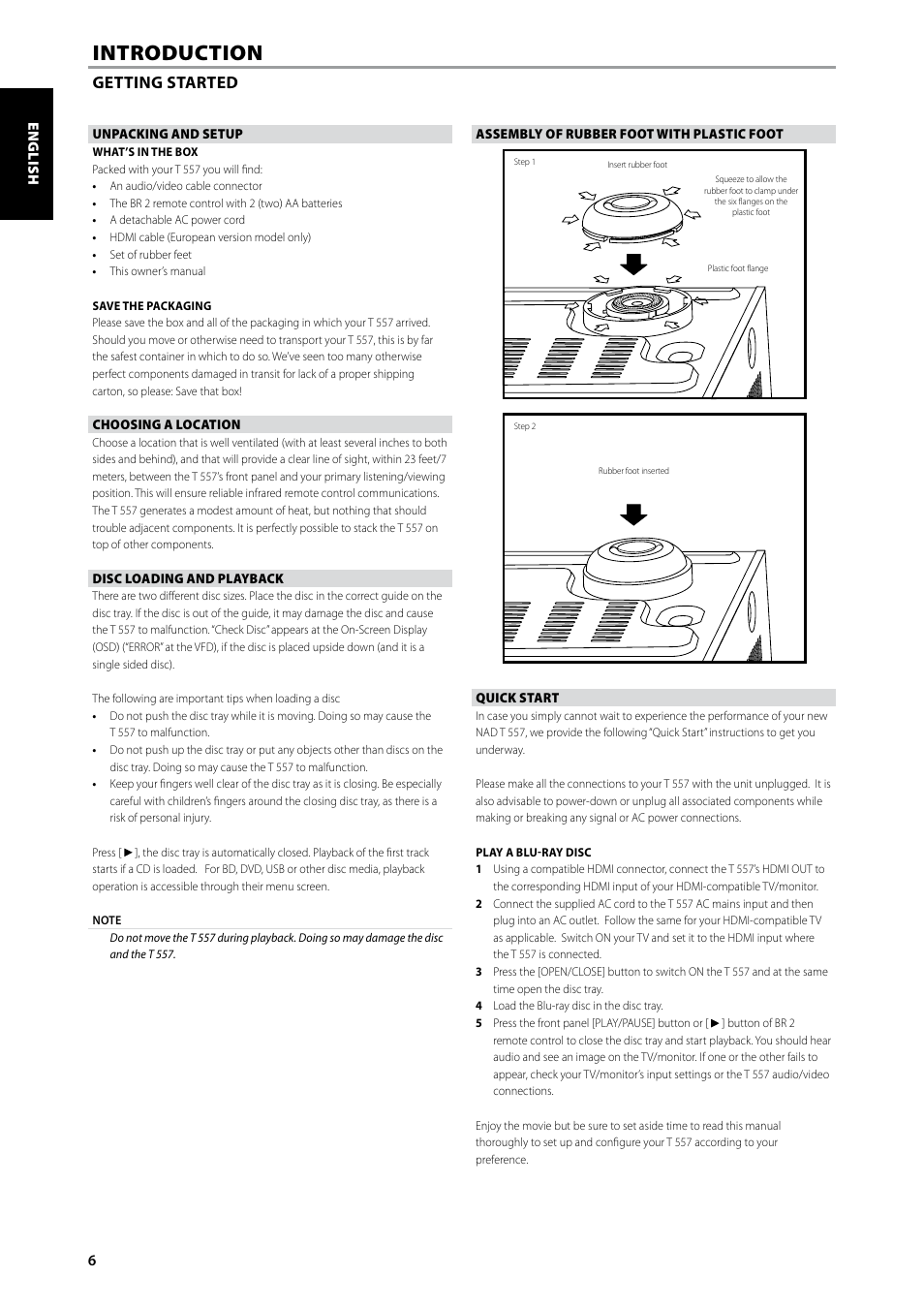 Introduction, Getting started | NAD Blu-ray Disc Player T557 User Manual | Page 6 / 28