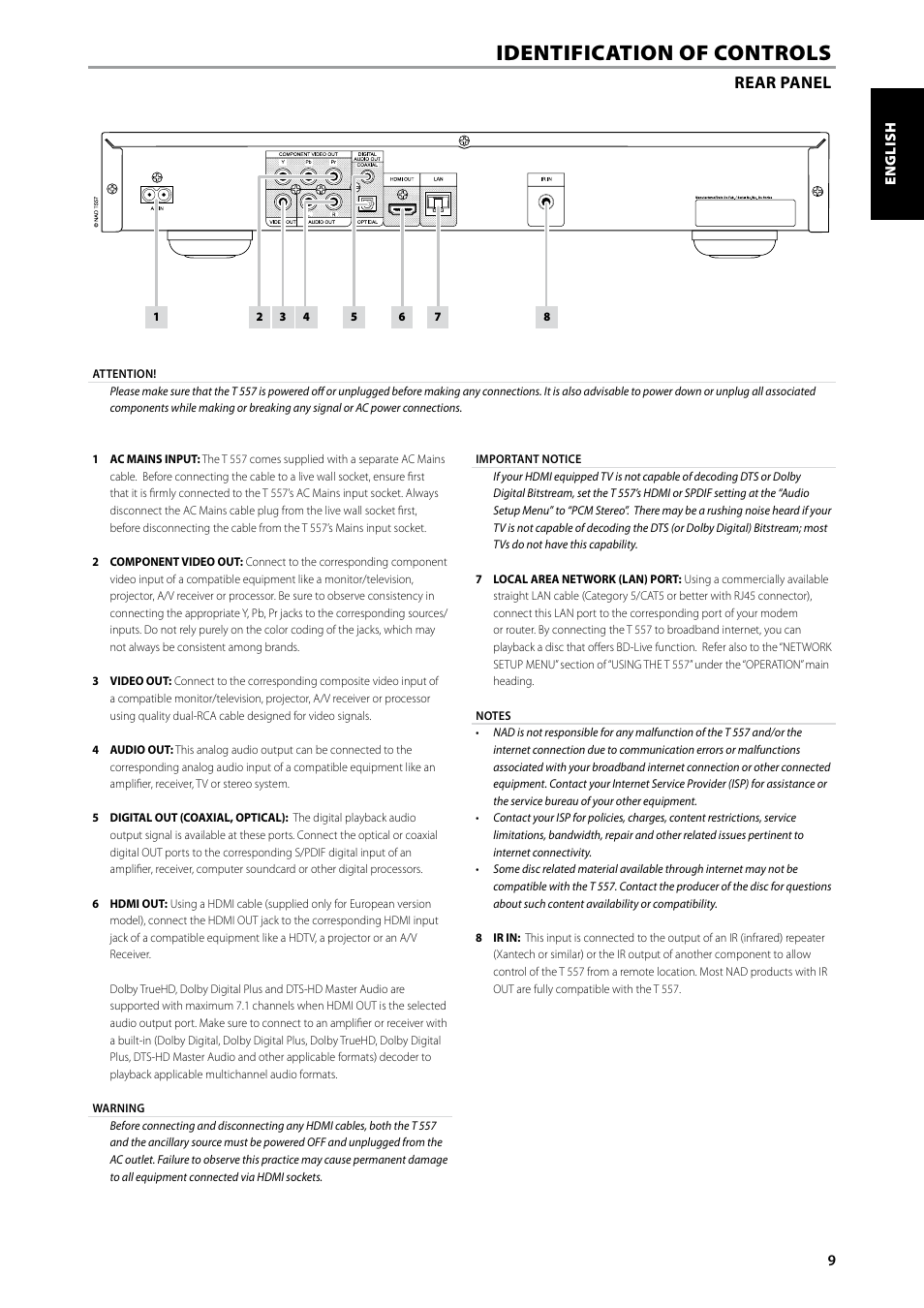 Identification of controls, Rear panel | NAD Blu-ray Disc Player T557 User Manual | Page 9 / 28