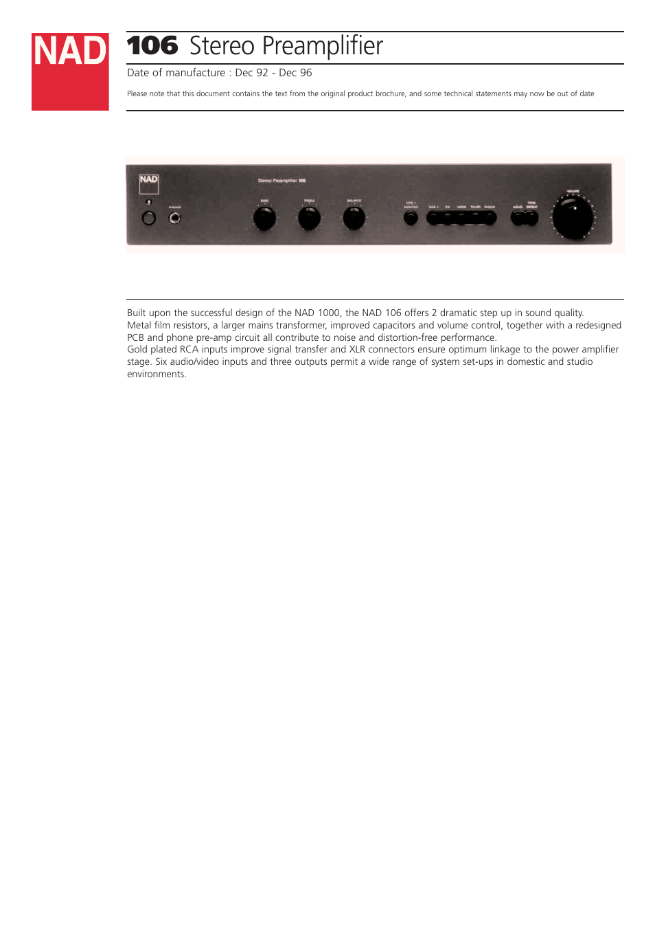 NAD 106 User Manual | 2 pages