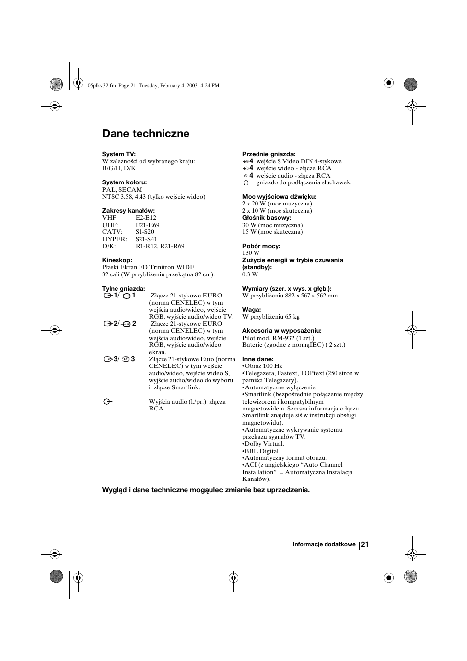 Dane techniczne | Sony KV-32FX68K User Manual | Page 101 / 124