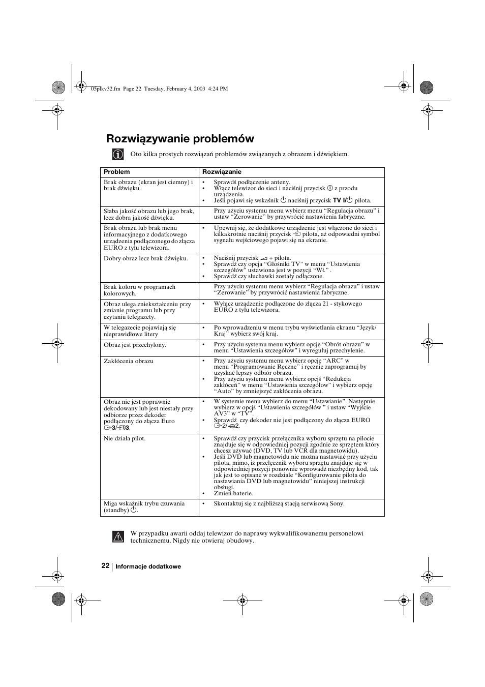 Rozwiązywanie problemów | Sony KV-32FX68K User Manual | Page 102 / 124