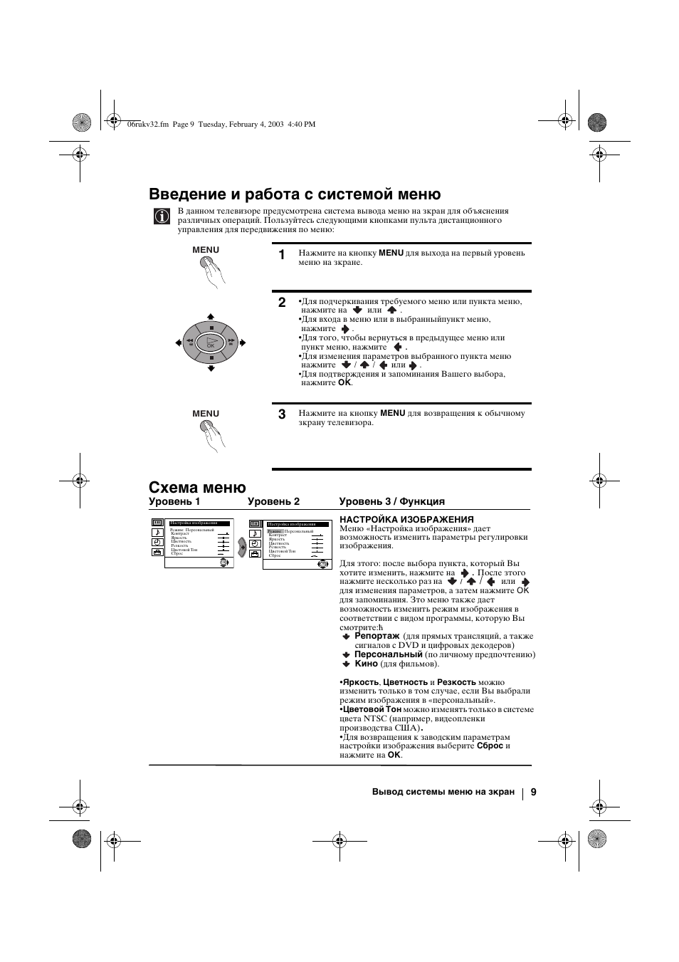 Введение и работа с системой меню, Схема меню | Sony KV-32FX68K User Manual | Page 109 / 124