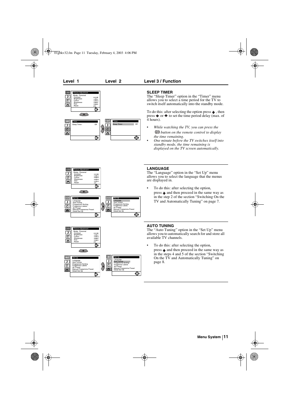 Level 1 level 2 level 3 / function | Sony KV-32FX68K User Manual | Page 11 / 124