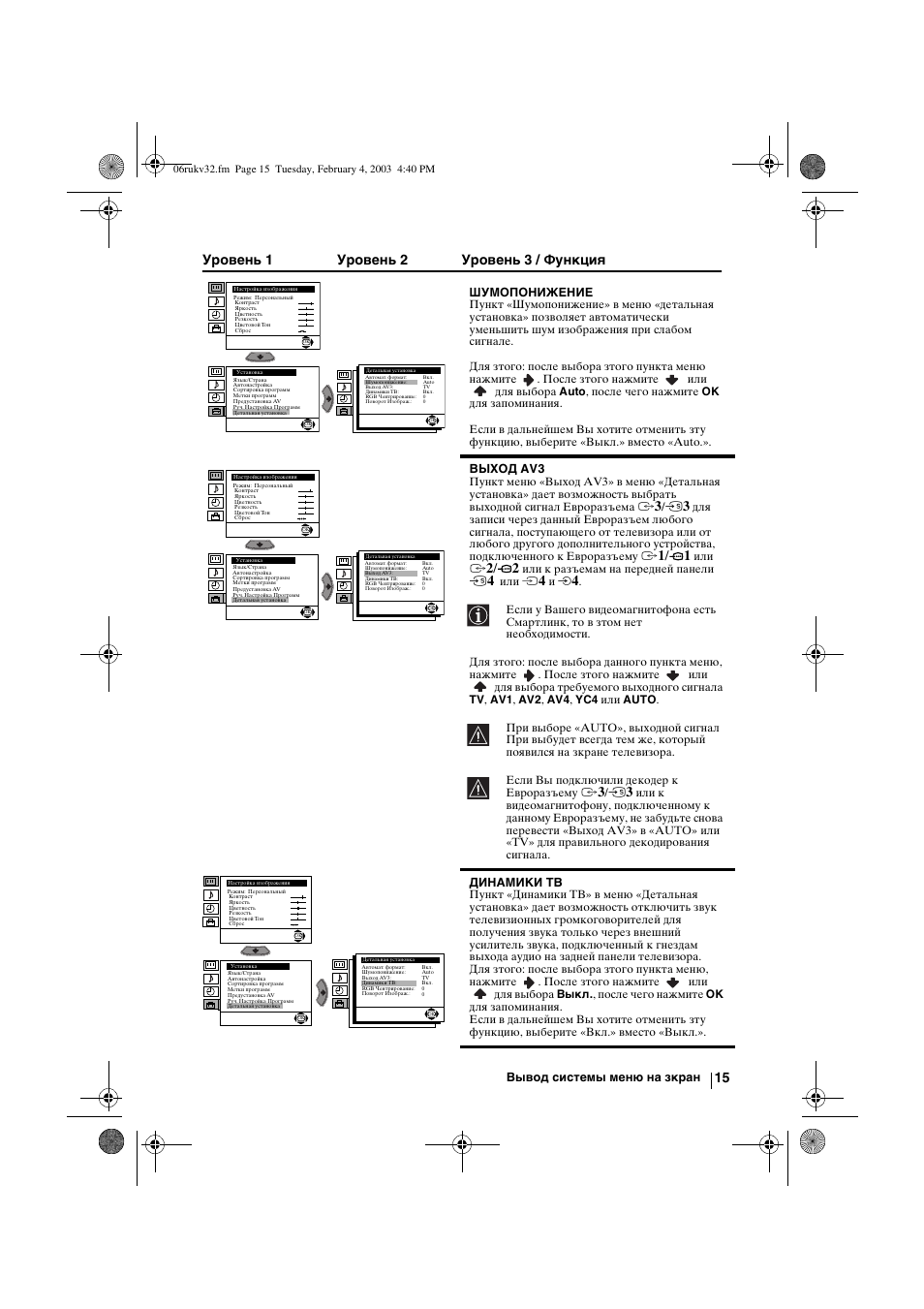 Уровень 1 уровень 2 уровень 3 / функция | Sony KV-32FX68K User Manual | Page 115 / 124