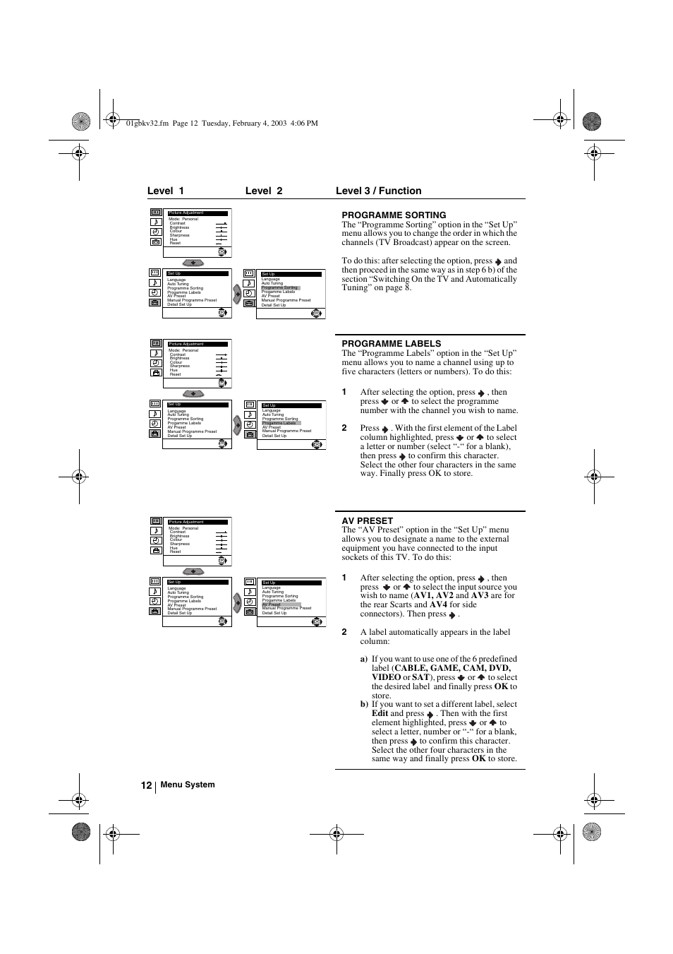 Level 1 level 2 level 3 / function | Sony KV-32FX68K User Manual | Page 12 / 124