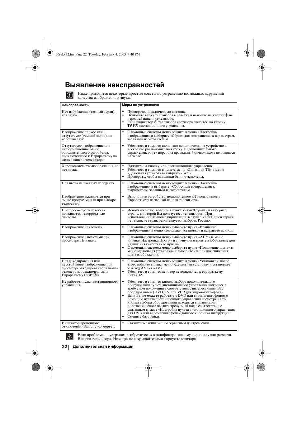 Выявление неисправностей | Sony KV-32FX68K User Manual | Page 122 / 124