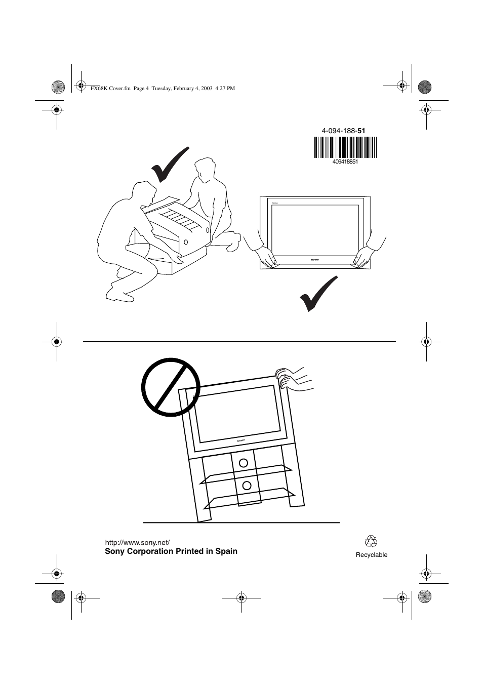 Sony corporation printed in spain | Sony KV-32FX68K User Manual | Page 124 / 124