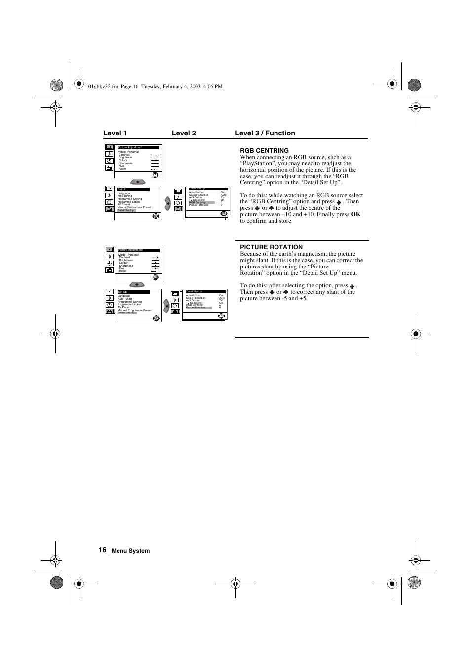 Level 1 level 2 level 3 / function | Sony KV-32FX68K User Manual | Page 16 / 124