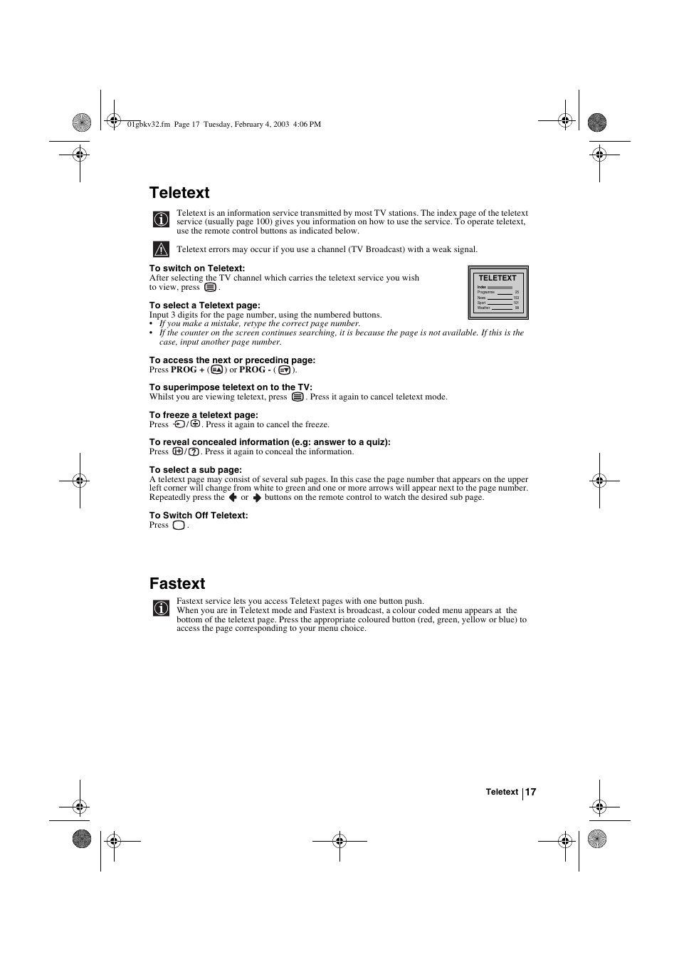 Teletext, Fastext | Sony KV-32FX68K User Manual | Page 17 / 124