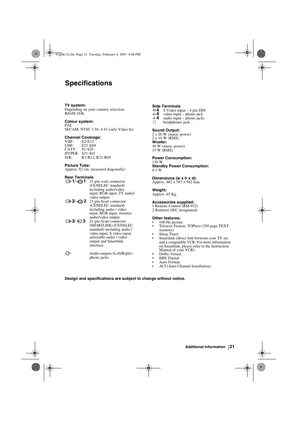 Specifications | Sony KV-32FX68K User Manual | Page 21 / 124