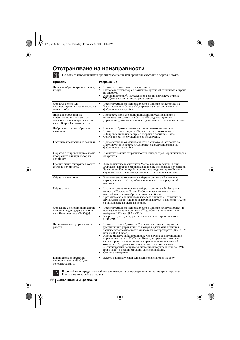 Отстраняване на неизправности | Sony KV-32FX68K User Manual | Page 42 / 124