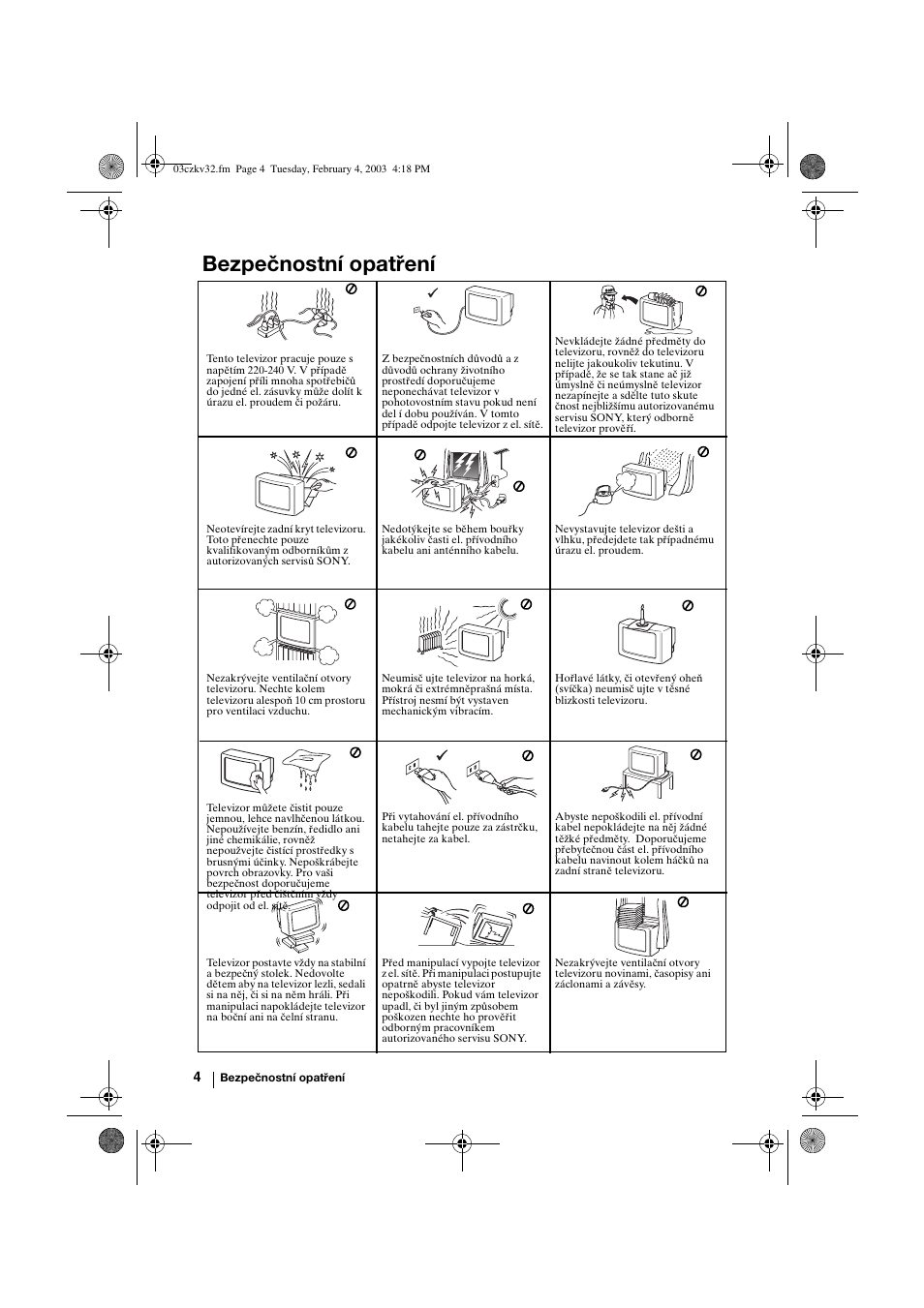 Bezpečnostní opatření | Sony KV-32FX68K User Manual | Page 44 / 124