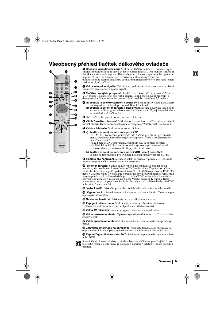 Všeobecný přehled tlačítek dálkového ovladače | Sony KV-32FX68K User Manual | Page 45 / 124