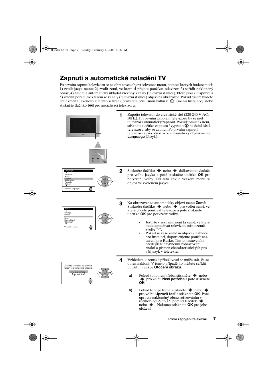 Zapnutí a automatické naladění tv | Sony KV-32FX68K User Manual | Page 47 / 124