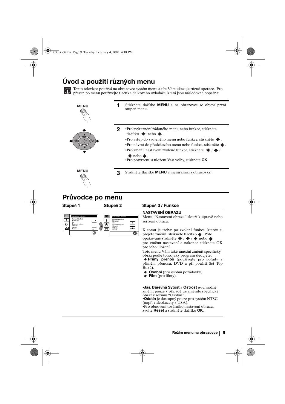 Úvod a použití různých menu, Průvodce po menu | Sony KV-32FX68K User Manual | Page 49 / 124