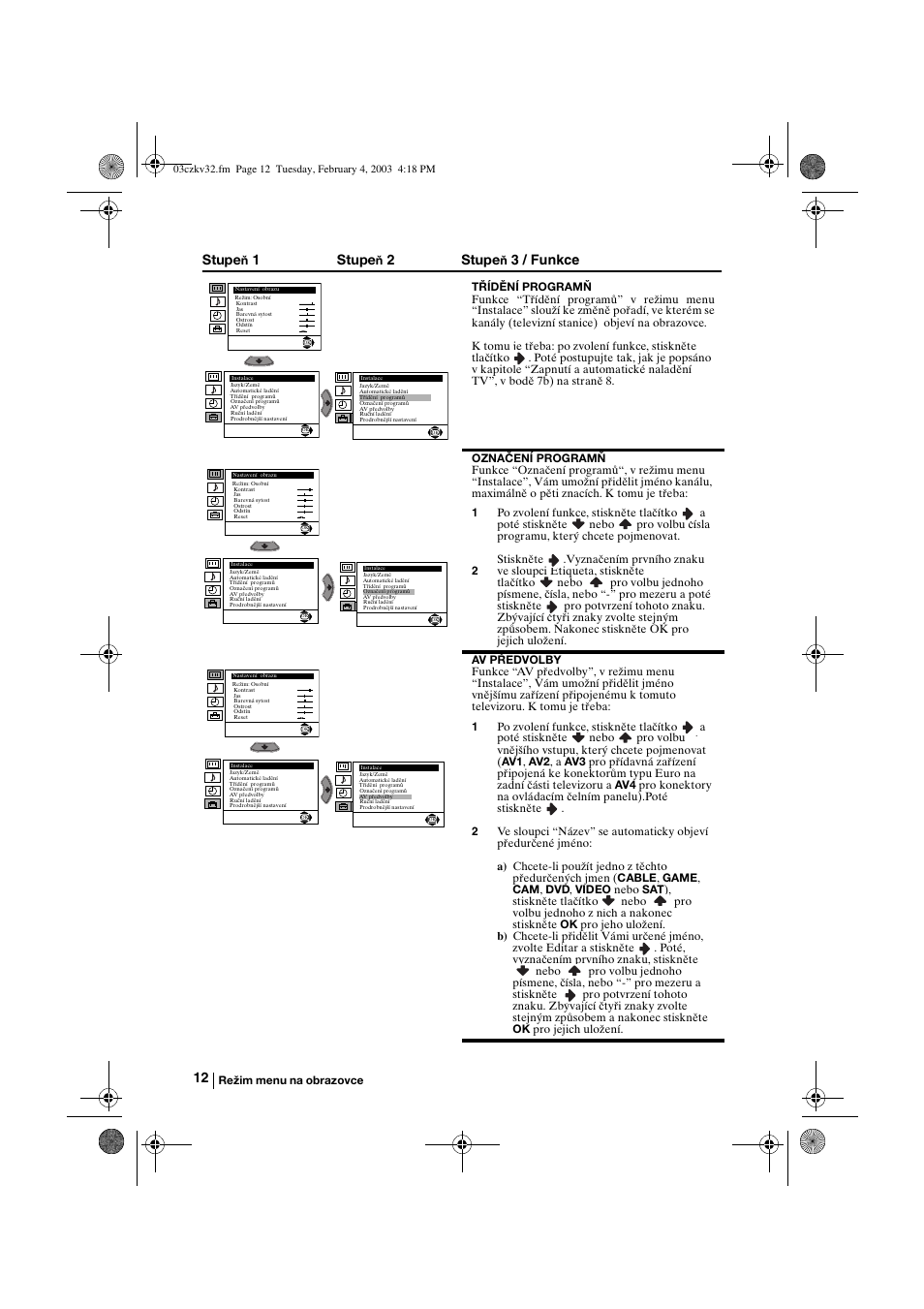 Stupe, 1stupe, 2stupe | 3 / funkce | Sony KV-32FX68K User Manual | Page 52 / 124