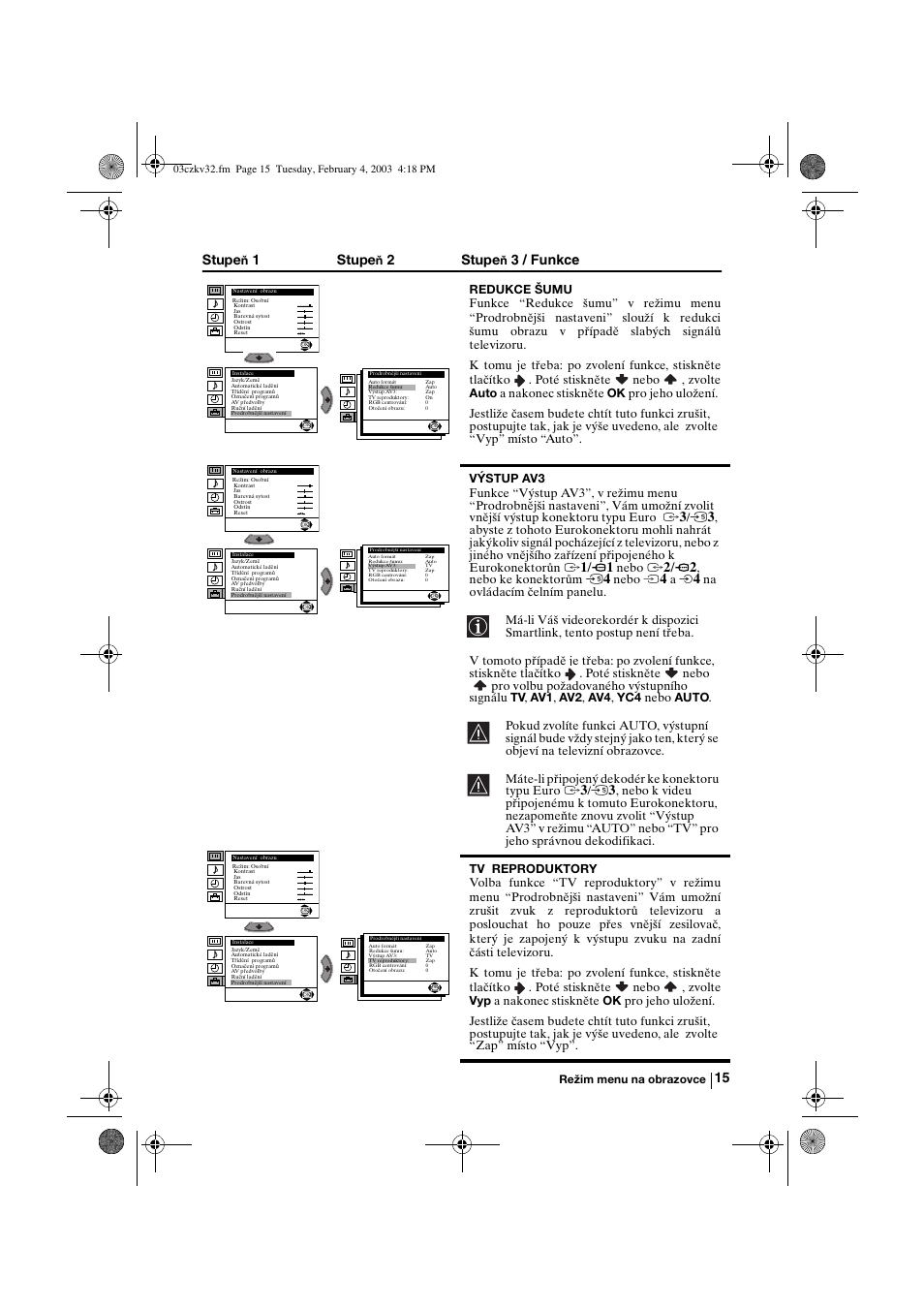 Stupe, 1stupe, 2stupe | 3 / funkce | Sony KV-32FX68K User Manual | Page 55 / 124