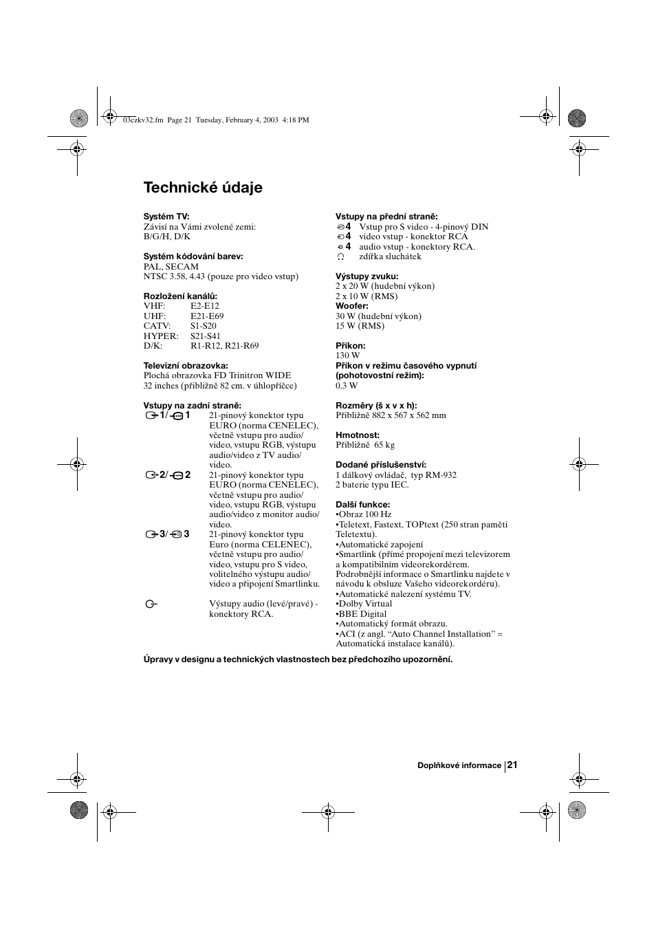 Technické údaje | Sony KV-32FX68K User Manual | Page 61 / 124