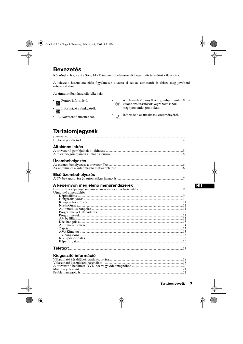 Bevezetés, Tartalomjegyzék | Sony KV-32FX68K User Manual | Page 63 / 124
