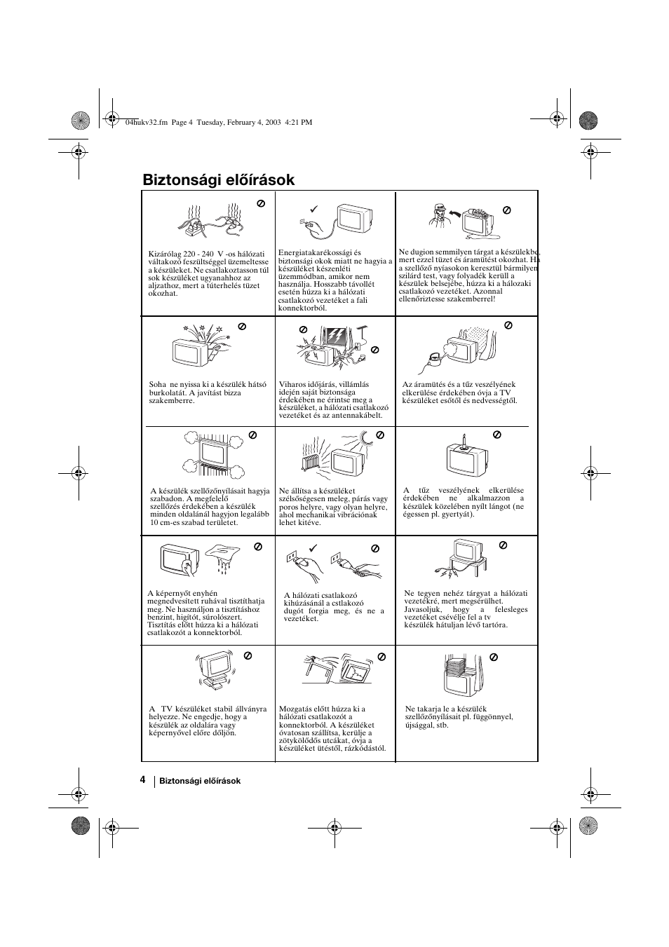 Biztonsági előírások | Sony KV-32FX68K User Manual | Page 64 / 124