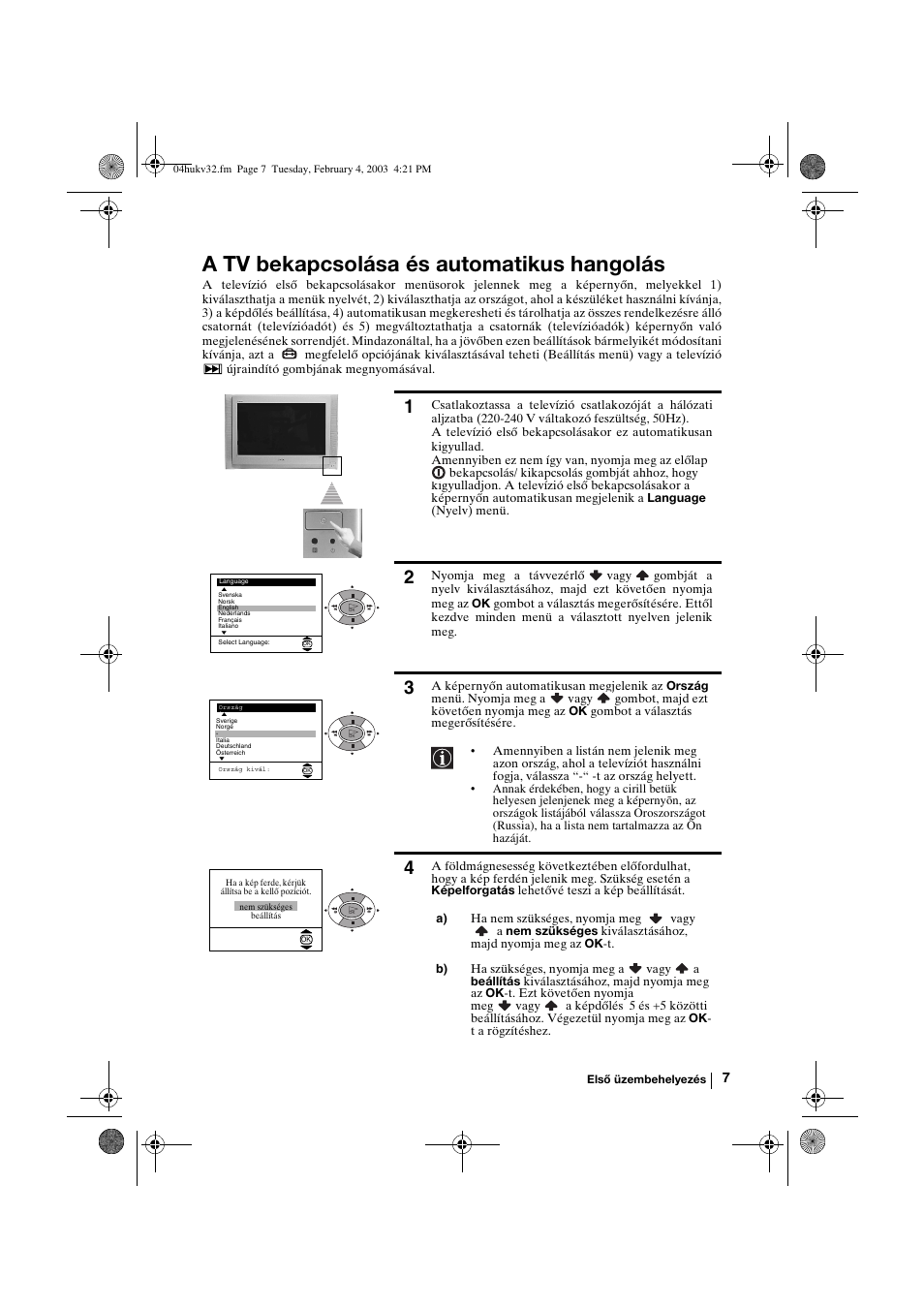 A tv bekapcsolása és automatikus hangolás | Sony KV-32FX68K User Manual | Page 67 / 124