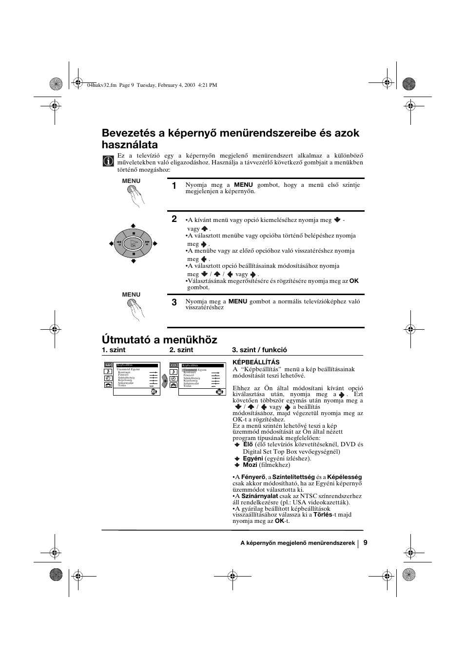 Útmutató a menükhöz | Sony KV-32FX68K User Manual | Page 69 / 124