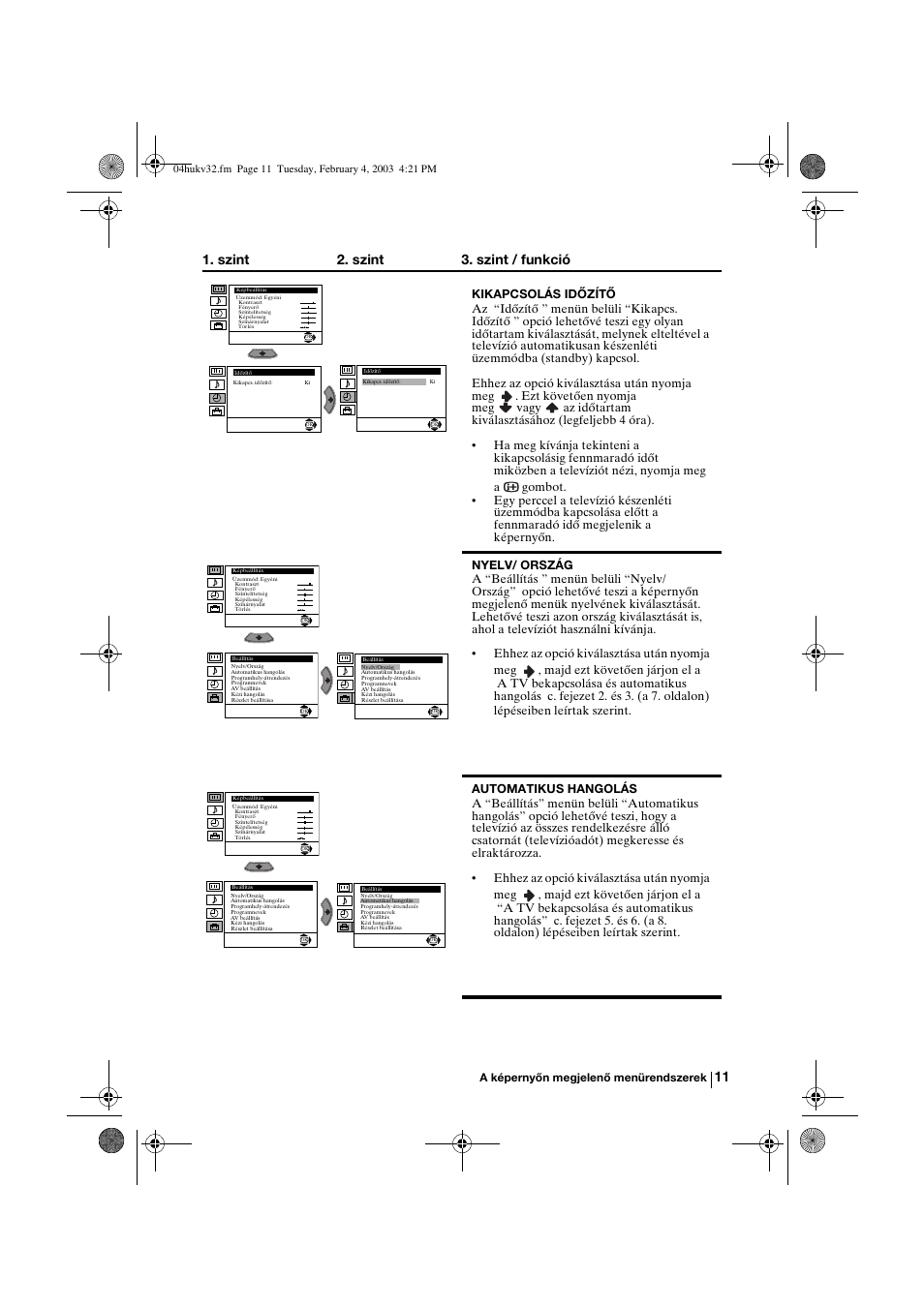Szint 2. szint 3. szint / funkció | Sony KV-32FX68K User Manual | Page 71 / 124