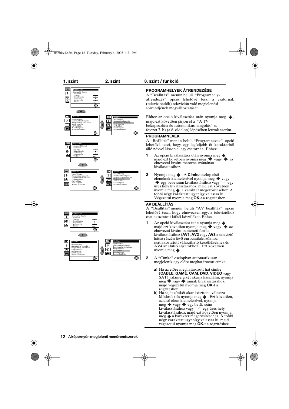 Szint 2. szint 3. szint / funkció | Sony KV-32FX68K User Manual | Page 72 / 124