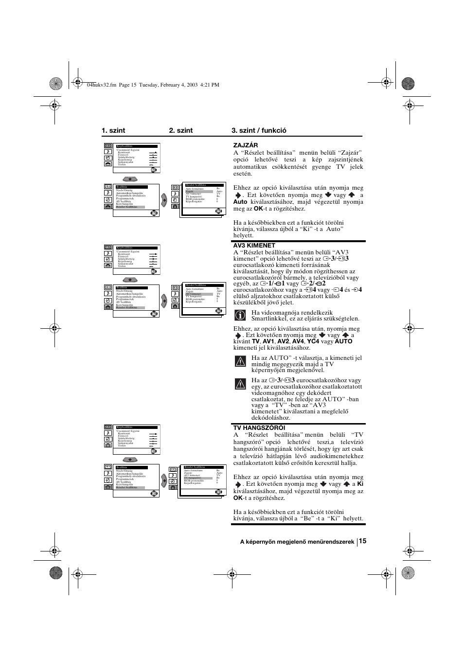 Szint 2. szint 3. szint / funkció | Sony KV-32FX68K User Manual | Page 75 / 124