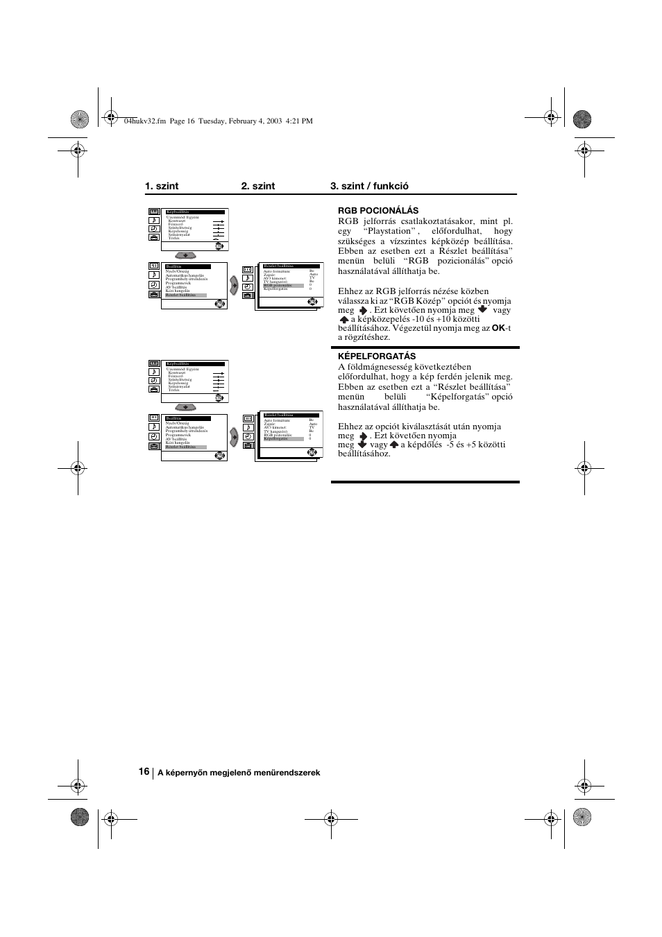 Szint 2. szint 3. szint / funkció | Sony KV-32FX68K User Manual | Page 76 / 124