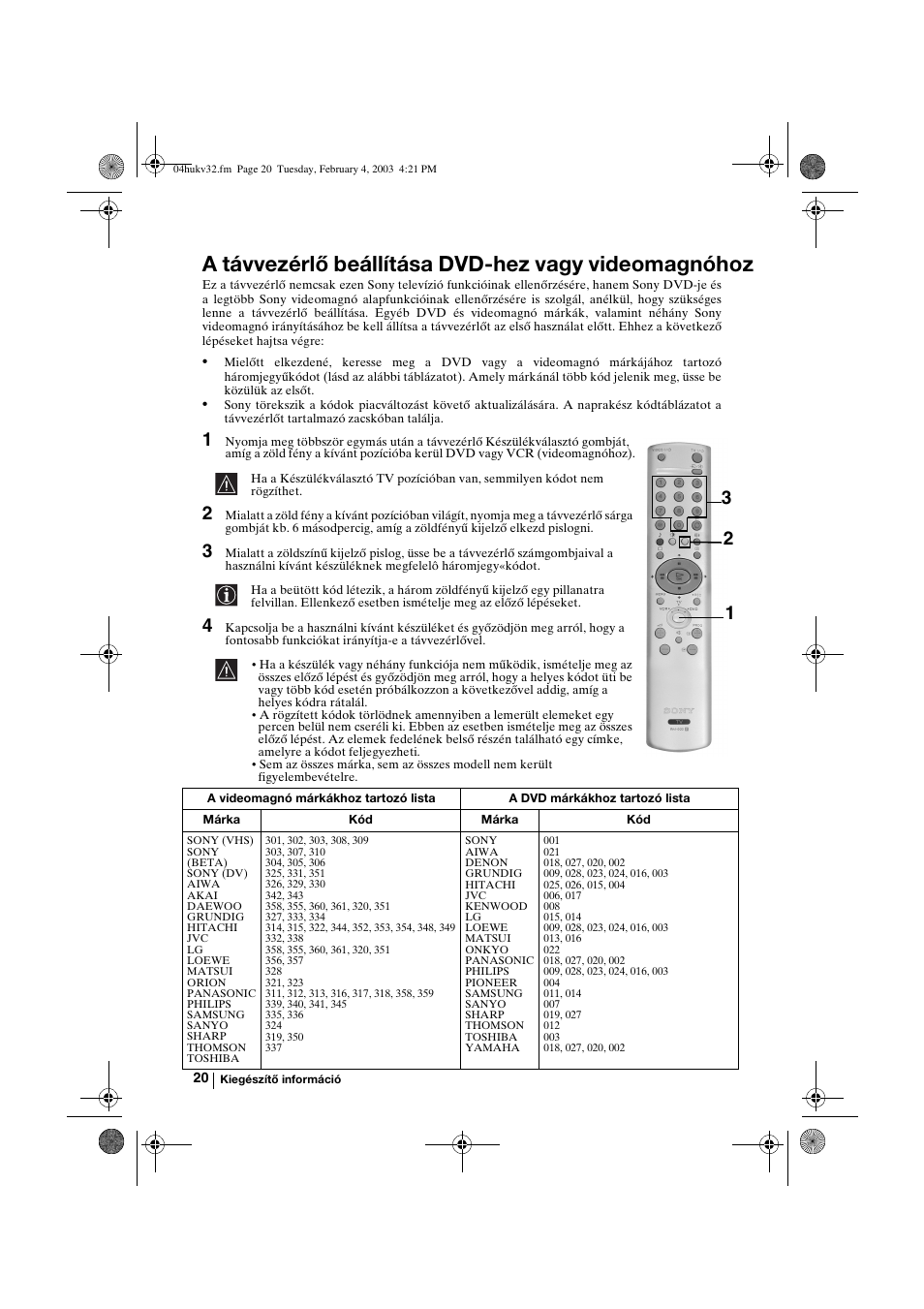 A távvezérlő beállítása dvd-hez vagy videomagnóhoz | Sony KV-32FX68K User Manual | Page 80 / 124