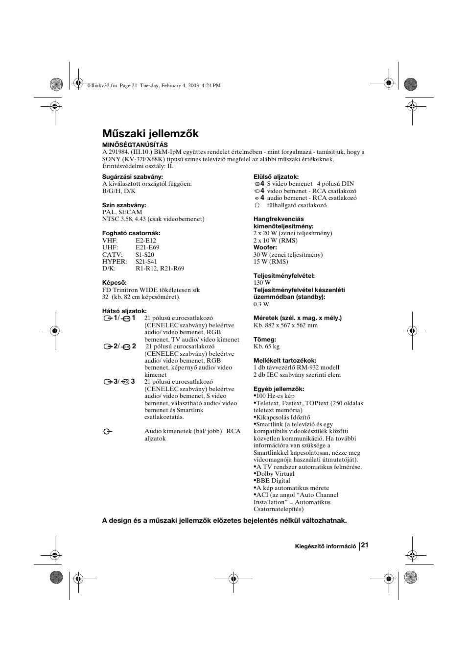 Műszaki jellemzők | Sony KV-32FX68K User Manual | Page 81 / 124