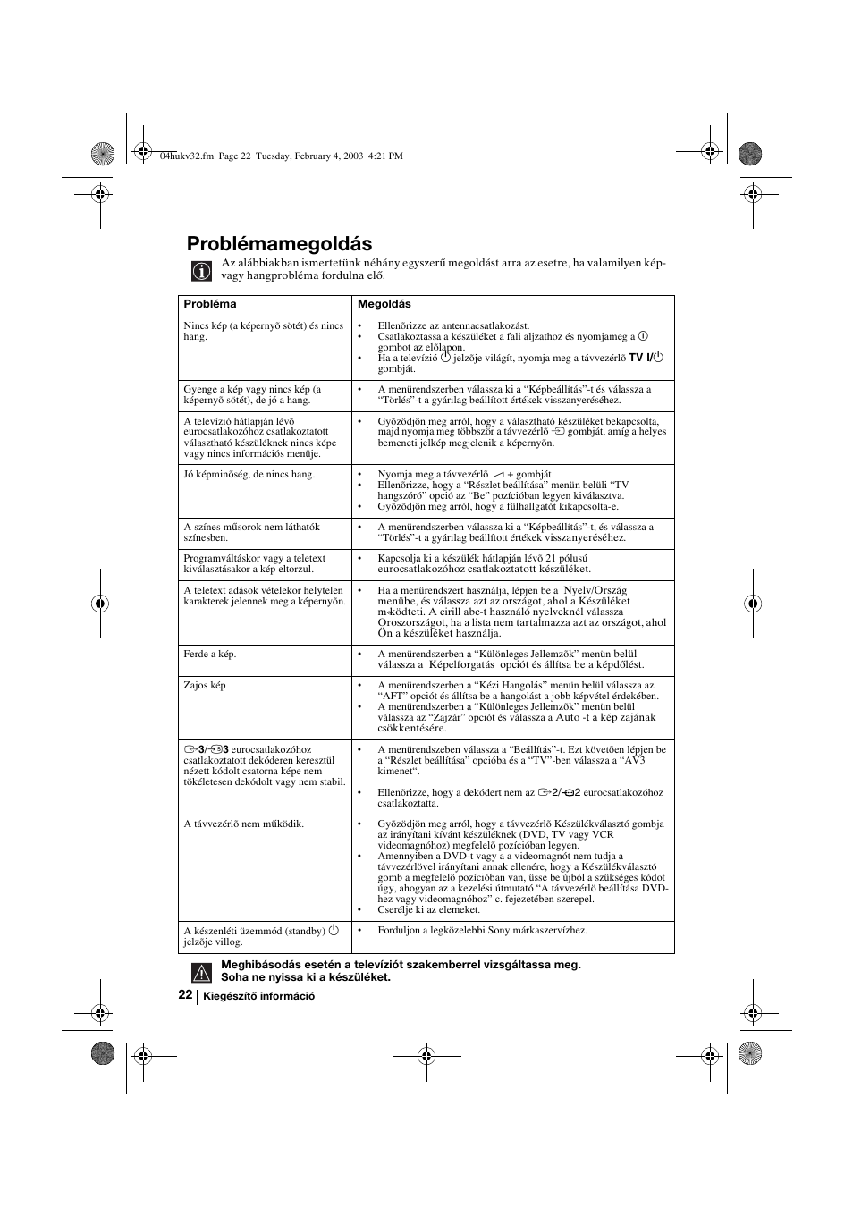 Problémamegoldás | Sony KV-32FX68K User Manual | Page 82 / 124