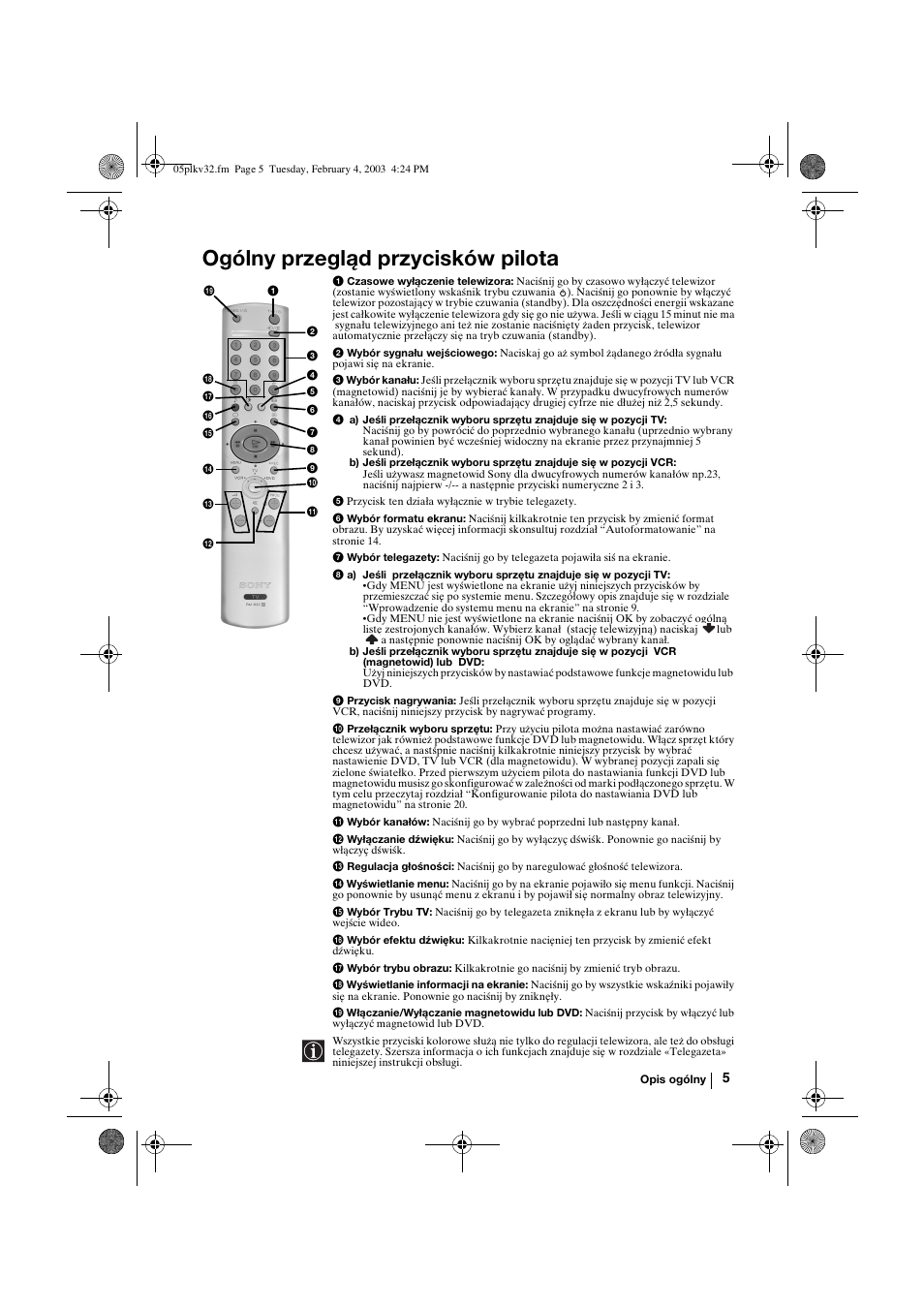 Ogólny przegląd przycisków pilota | Sony KV-32FX68K User Manual | Page 85 / 124