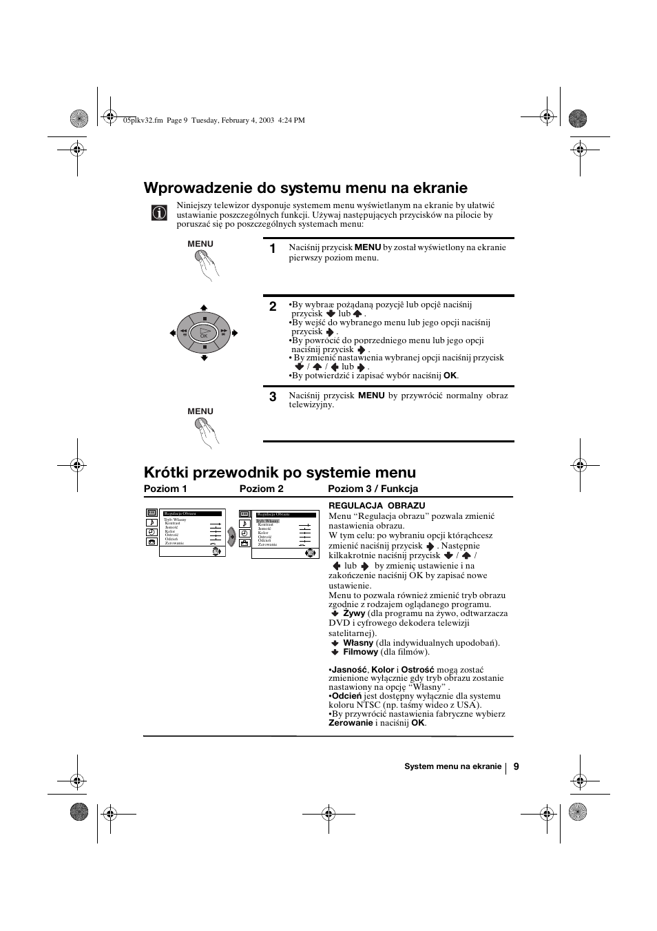 Wprowadzenie do systemu menu na ekranie, Krótki przewodnik po systemie menu | Sony KV-32FX68K User Manual | Page 89 / 124