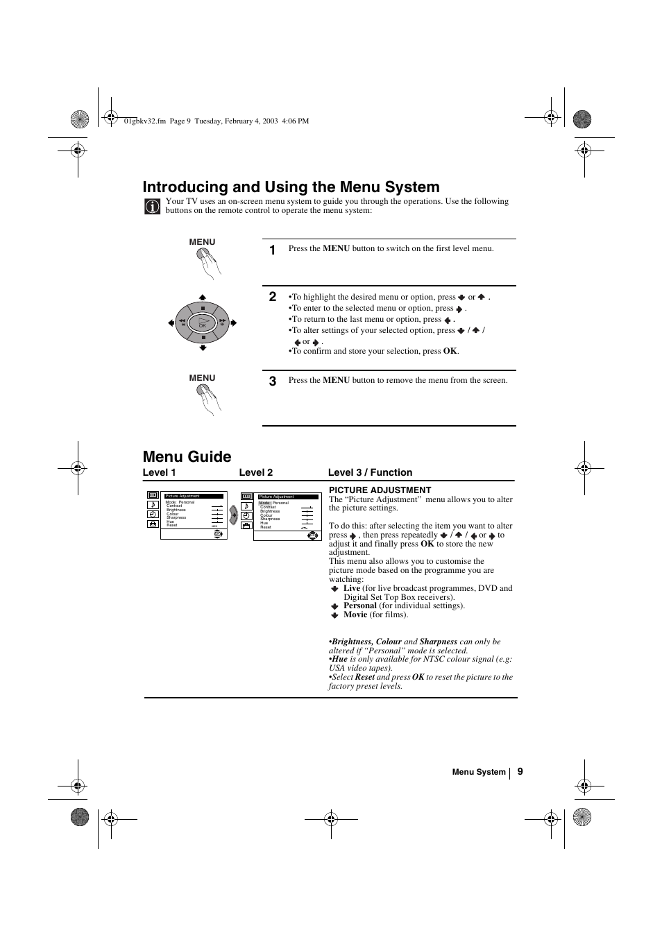 Introducing and using the menu system, Menu guide | Sony KV-32FX68K User Manual | Page 9 / 124