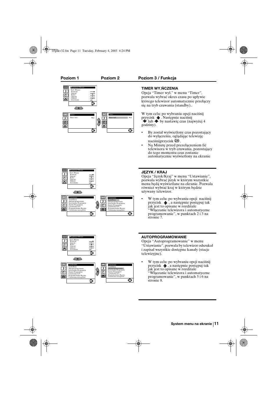 Poziom 1 poziom 2 poziom 3 / funkcja | Sony KV-32FX68K User Manual | Page 91 / 124