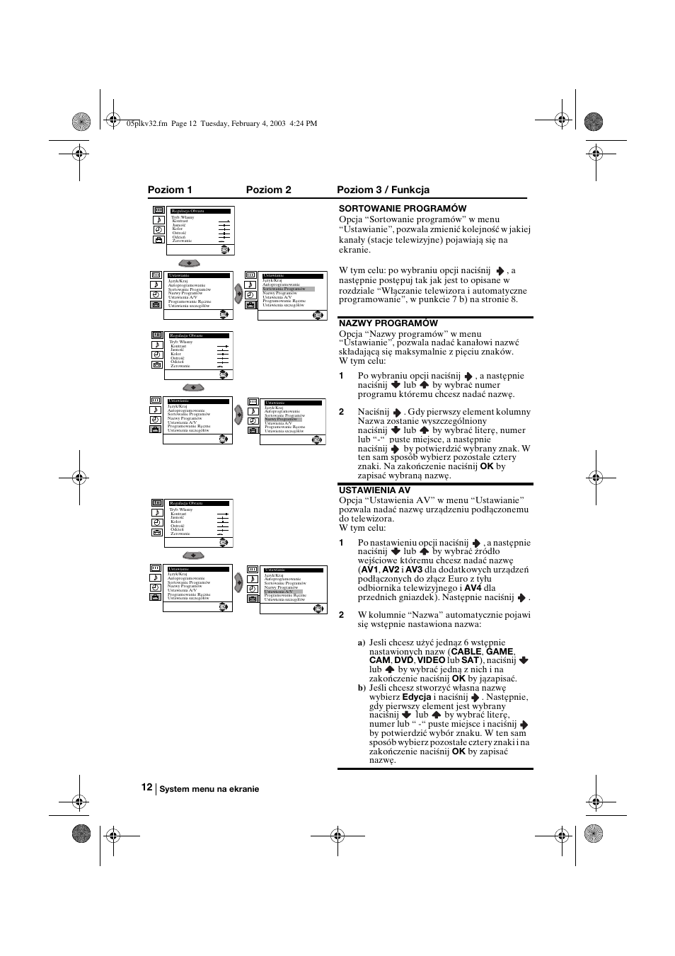 Poziom 1 poziom 2 poziom 3 / funkcja | Sony KV-32FX68K User Manual | Page 92 / 124