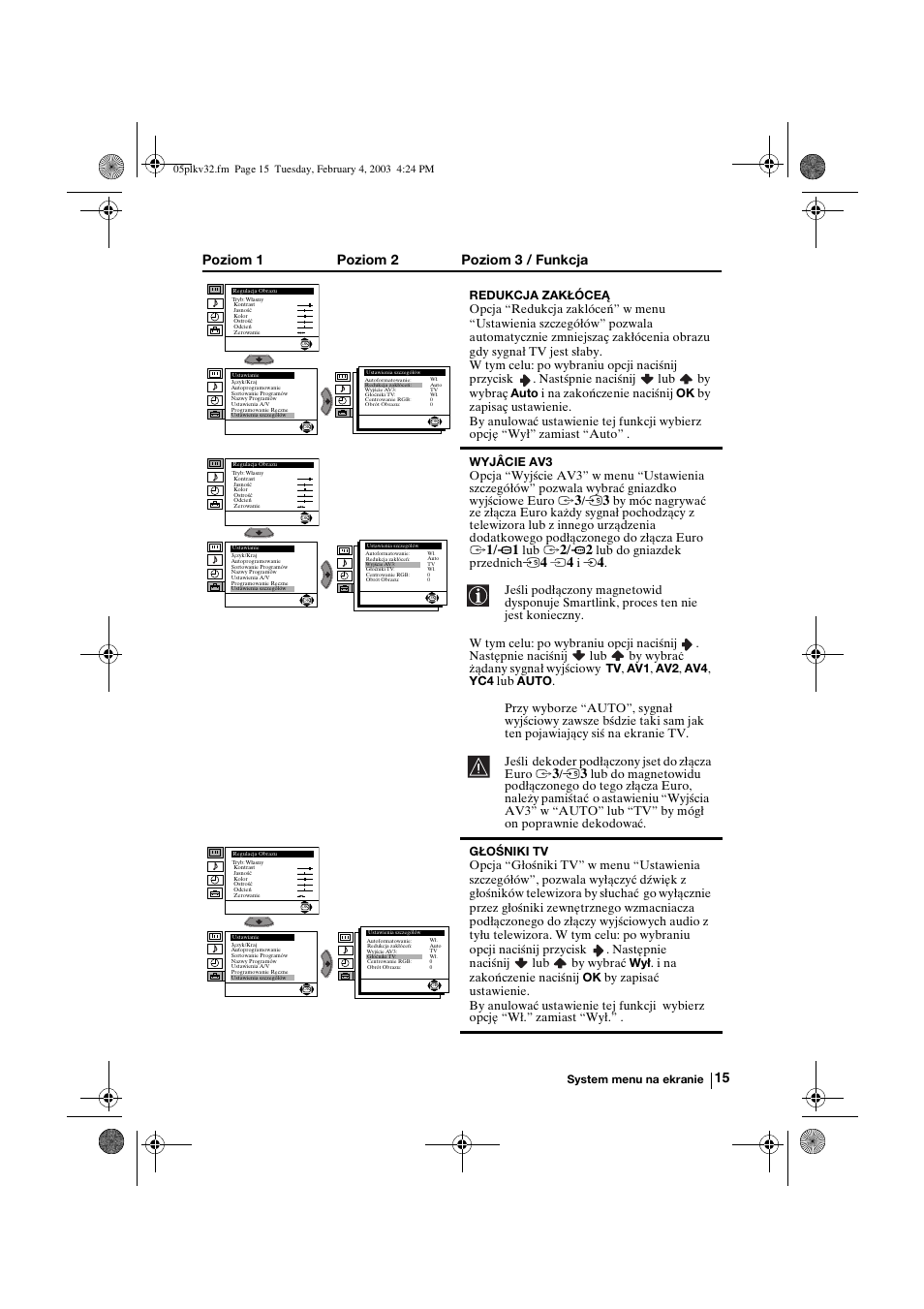 Poziom 1 poziom 2 poziom 3 / funkcja | Sony KV-32FX68K User Manual | Page 95 / 124