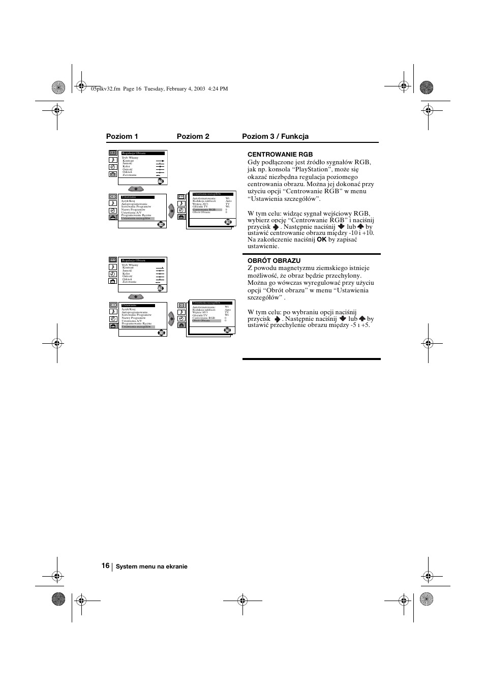 Poziom 1 poziom 2 poziom 3 / funkcja | Sony KV-32FX68K User Manual | Page 96 / 124