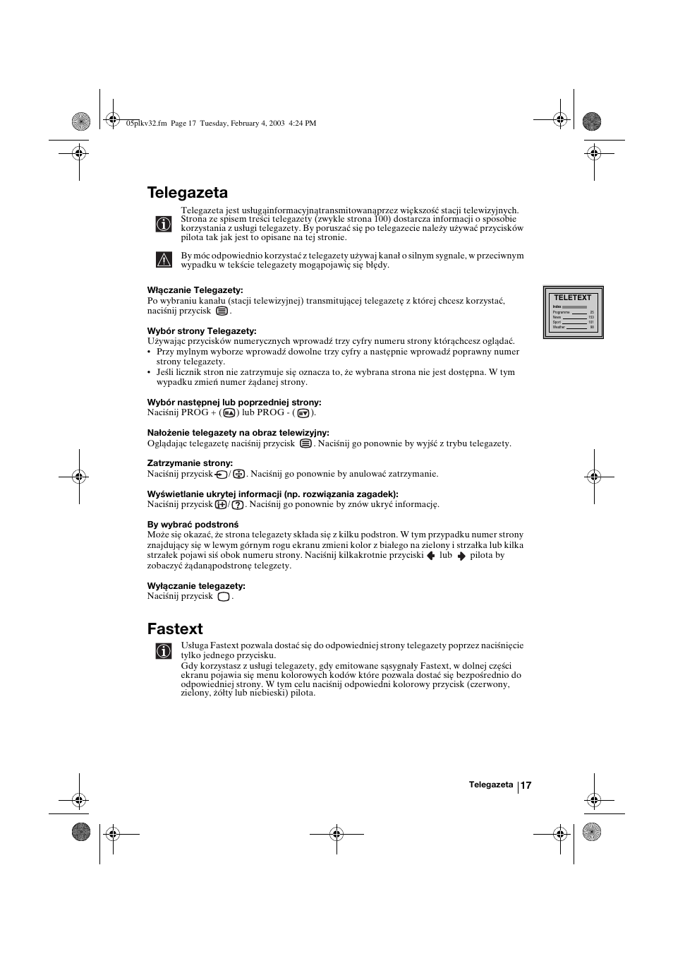 Telegazeta, Fastext | Sony KV-32FX68K User Manual | Page 97 / 124