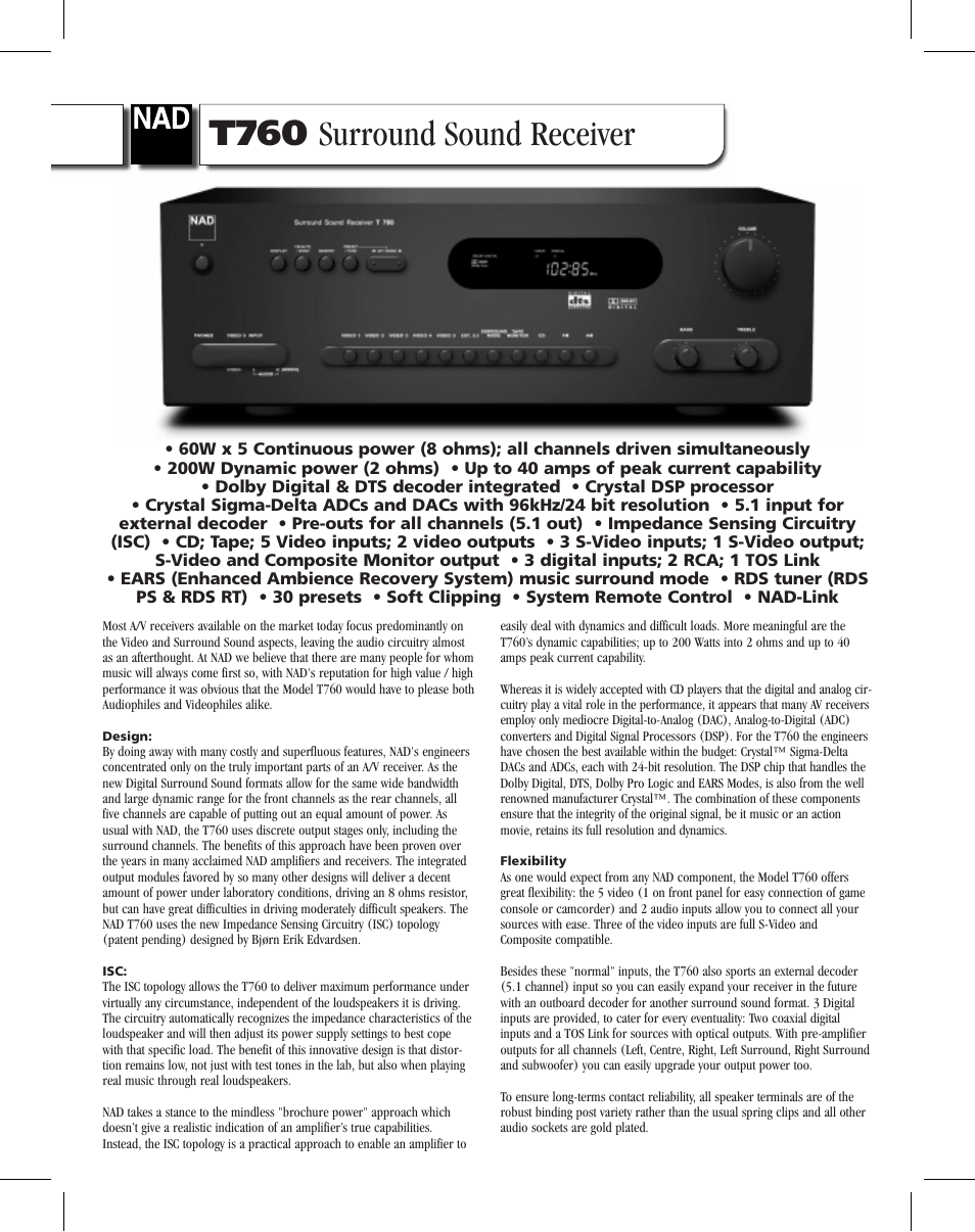 NAD Theater T760 User Manual | 2 pages