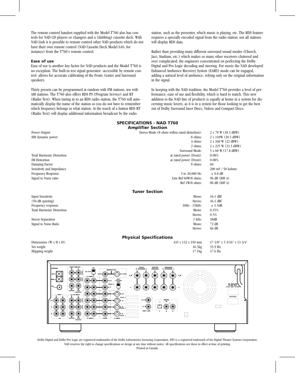 NAD Theater T760 User Manual | Page 2 / 2